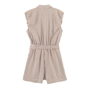 Vertical brown striped sleeveless romper with waist belt and classic shirt collar style