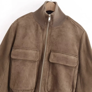 Brown suede textured jacket with high rib knit collar and front utility flap pockets