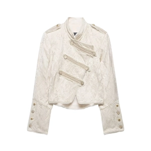 Women's cream jacquard cropped military jacket with floral patterns and gold buttons