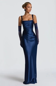 Elegant navy blue satin evening gown with square neck, waist tie, and matching gloves