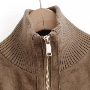 Women's dark brown ribbed zip-up jacket with mock neck and premium metal zipper