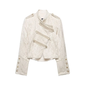 Chic off-white jacquard military style short jacket with ornate metal buttons and stand collar