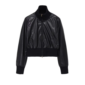 Detail of the high collar, zipper, and ribbed cuffs on this black faux leather bomber jacket