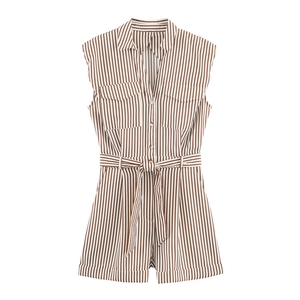 Women's sleeveless brown striped romper with lapel collar, button front, and waist belt