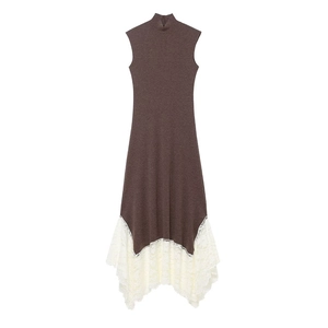 Brown sleeveless turtleneck knit maxi dress with white asymmetrical lace hemline detail