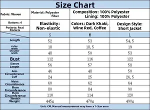 Detailed size chart for the polo collar jacket showing measurements for S, M, and L sizes