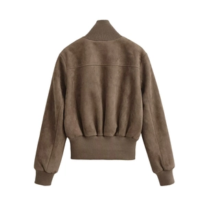 Women's brown ribbed faux suede bomber jacket showing back detail on white background