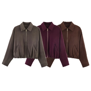 Women Casual Suede Like Zipper Jacket Polo Collar Loose Fit Solid Color Long Sleeve Coat Spring Autumn Outerwear