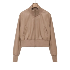 Detailed view of the khaki brown leather bomber jacket with ribbed knit collar and cuffs