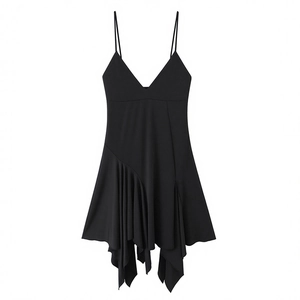 Chic black V-neck camisole dress with asymmetric ruffled hem and high waist design