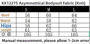 Size chart for asymmetrical bodysuit with detailed measurements for S, M, and L in centimeters