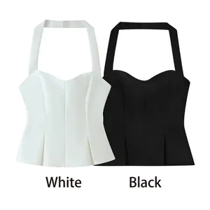 Women Sexy Sweetheart Neckline Halter Top Slim Fit Cropped Corset Style Polyester Solid Color Backless Summer Streetwear Top