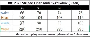 Size guide table for striped linen midi skirt showing waist, hips, and length details