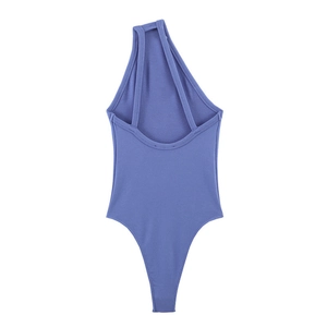 Detail of periwinkle one-shoulder bodysuit showing ribbed knit fabric and back cutout