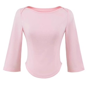 Slim fit light pink boat neck top with long sleeves and a stylish curved hem design