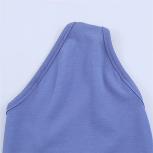 Detailed macro view of the blue-purple ribbed knit fabric and reinforced neckline stitching