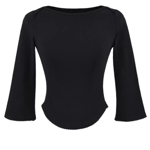 Elegant black boat neck long sleeve top with scalloped hem and slim fit silhouette