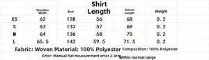 Detailed size chart for women's striped shirt with woven 100% polyester fabric info