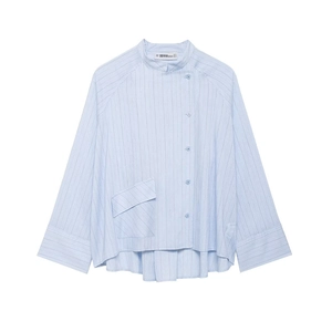 Women Casual Light Blue Striped Shirt Asymmetric Button Down Blouse Long Sleeve Loose High Low Hem Top With Pocket
