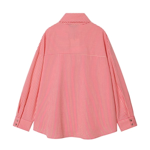 Women's pink striped button-down shirt with vertical lines and drop shoulder back view