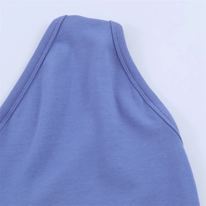 Detailed close-up of lavender knit bodysuit showing ribbed texture and neat hemline