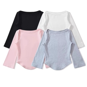 Slim fit long sleeve toddler tops in four colors featuring overlapping shoulder design