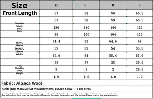 Detailed size guide table for women's faux suede loose biker jacket in centimeters
