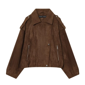 Women's Casual Faux Suede Biker Jacket Streetwear Loose Fit Long Sleeve Outerwear Dark Brown Coat With Zippers