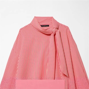Red striped blouse with stand collar and elegant bow tie, casual long sleeve shirt