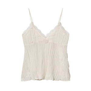 Women Sexy Pleated Camisole Top With Lace Patchwork V-Neck Off-White Street Style Fashion Summer Sleeveless Top For Women