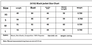 Size guide for black buttoned blazer jacket with detailed measurements in centimeters