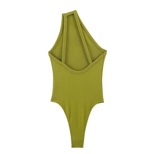 Detail of mustard green ribbed bodysuit showing one-shoulder cut and deep U-back design