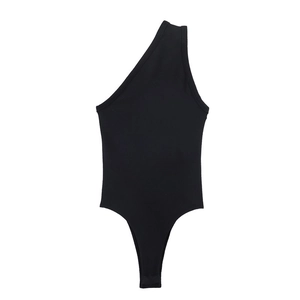 Close-up of black one-shoulder ribbed bodysuit featuring high-quality knitted fabric