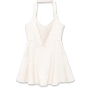 Women Fashion Halter Neck Mini Dress Solid White Sleeveless V Neck Backless A-Line Slim Fit Casual Summer Dress