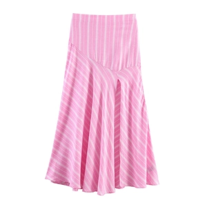 Detailed view of pink striped high-waisted midi skirt with front slit and asymmetrical hem