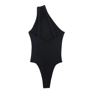 Detailed view of black asymmetric bodysuit with ribbed texture and one-shoulder cut
