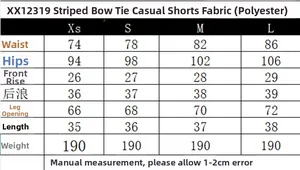 Detailed size chart for striped casual shorts with bow featuring XS to L measurements