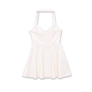 Elegant white sleeveless halter neck mini dress with A-line skirt and open back design