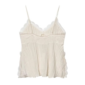 Elegant beige pleated camisole top with delicate white lace trim and thin shoulder straps