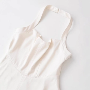 Chic beige halter neck mini dress with pleated collar and twill fabric texture