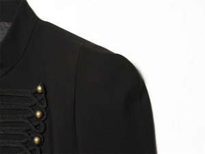Detail of military-style black jacket showing intricate braided frogging and bronze buttons