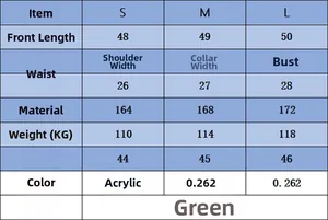 Size chart for green long sleeve top and skirt set showing S to L measurements and weight
