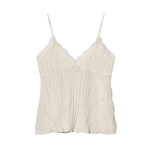 White V-neck tank top with lace trim and pleated texture for women summer fashion