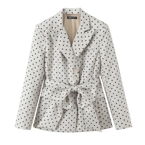 Giacca blazer beige a pois da donna con elegante cintura a fiocco e tre bottoni