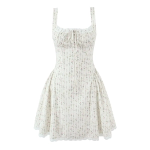 Französischer Retro Blumen Trägerkleid Spitzenbesatz Schleife Rückenfrei Hohe Taille A-Linie Mini Kleid Damen Sommer Casual