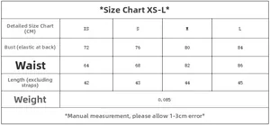 Size chart for women's plaid lingerie top with measurements in centimeters from XS to L