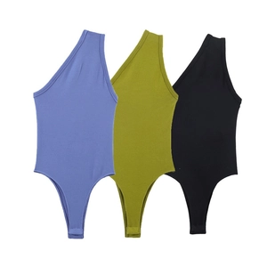Women's Sexy One Shoulder Asymmetrical Ribbed Knit Bodysuit Sleeveless Slim Fit Snap Closure Solid Color Fashion Jumpsuit Top