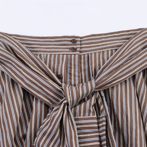 Detail view of striped shorts with brown fabric, double buttons and tie-waist bow