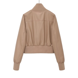 Detailed back view of light khaki faux leather bomber jacket with ribbed hem and cuffs