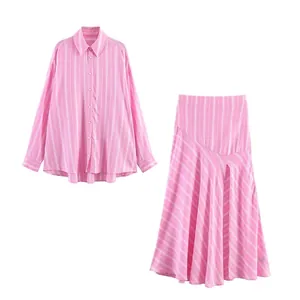Women European Casual Stripe Print Long Sleeve Shirt Patchwork Midi Skirt Suit Collection Polyester Daily Top Bottom